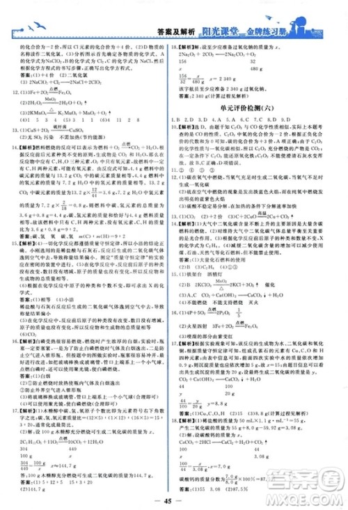 2018秋阳光课堂金牌练习册化学九年级上册人教版答案 2018秋阳光课堂金牌练习册化学九年级上册人教版答案