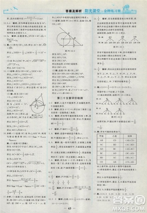 2018人教版阳光课堂金牌练习册九年级数学上册参考答案