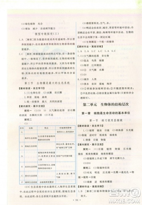 2018新版天舟文化能力培养与测试七年级上册生物人教版答案
