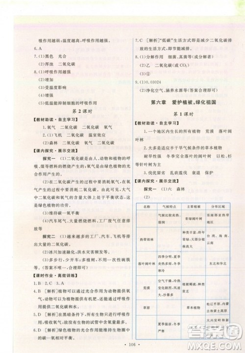 2018新版天舟文化能力培养与测试七年级上册生物人教版答案