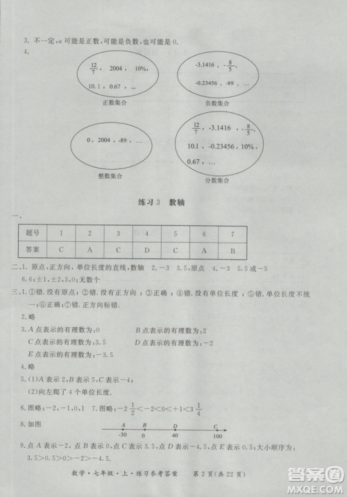 2018年形成性练习与检测数学七年级上册参考答案