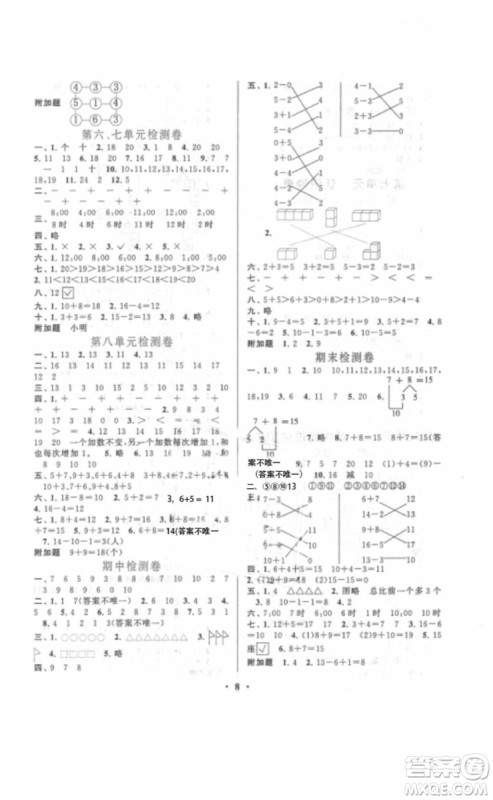 安徽人民出版社2018启东黄冈作业本一年级数学上册人教版答案