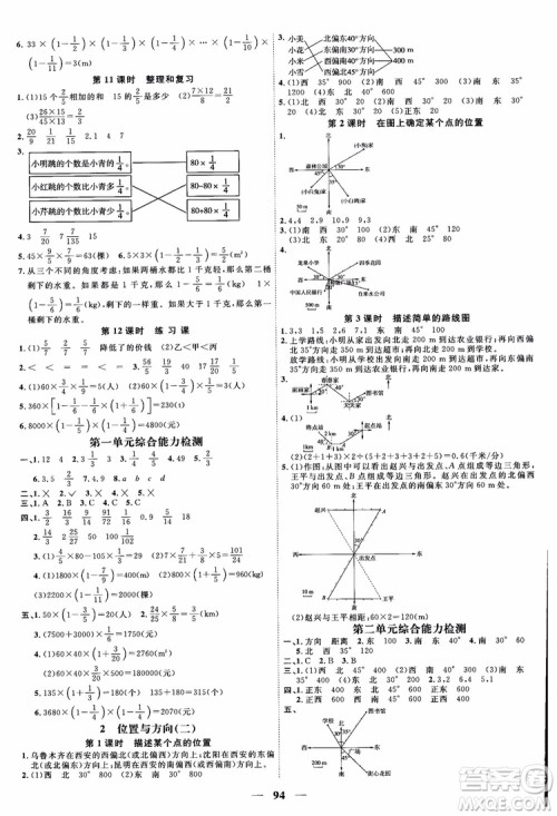 2018秋阳光同学六年级上册数学课时优化作业人教版RJ参考答案