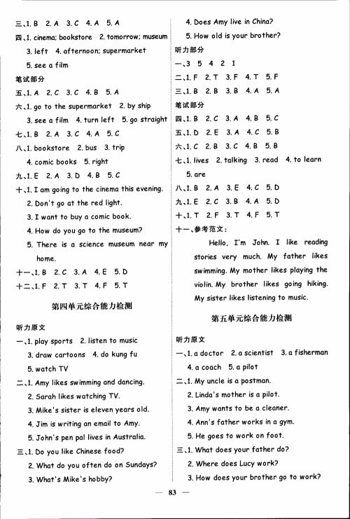 2018秋阳光同学六年级上册英语课时优化作业人教版RJ参考答案