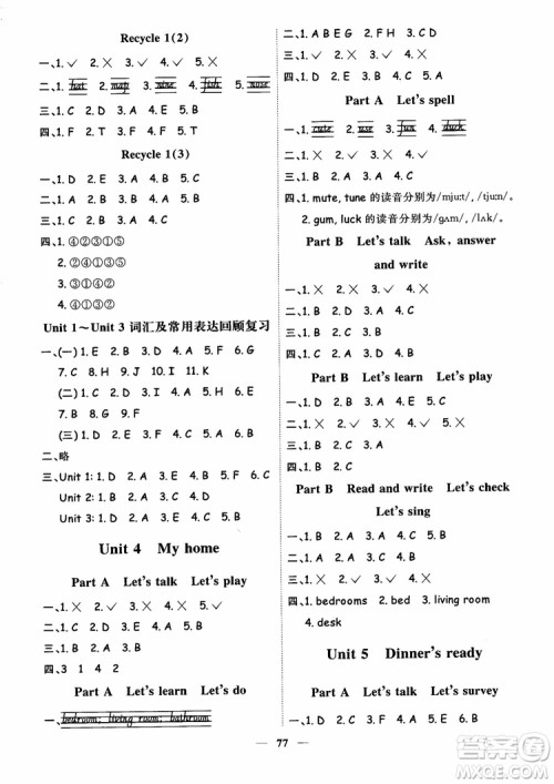 2018秋阳光同学四年级上册英语课时优化作业人教版RJ参考答案