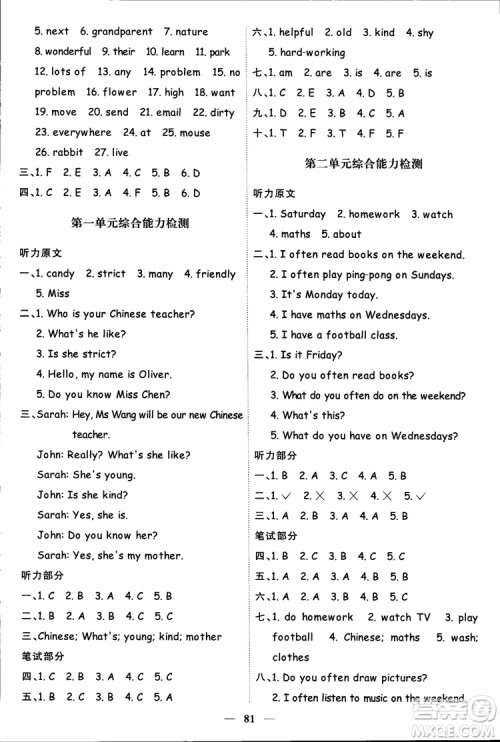 2018秋阳光同学五年级上册英语课时优化作业人教版参考答案