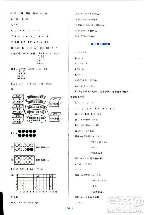 2018年新课标小学同步学习目标与检测5年级数学上册人教版答案 2018年新课标小学同步学习目标与检测5年级数学上册人教版答案