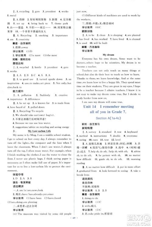 人教版2018新课标初中同步学习目标与检测九年级英语全一册参考答案