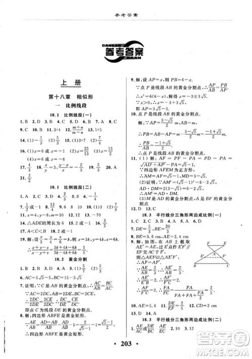 2018版新课改课堂作业九年级数学全一册北京课改版参考答案