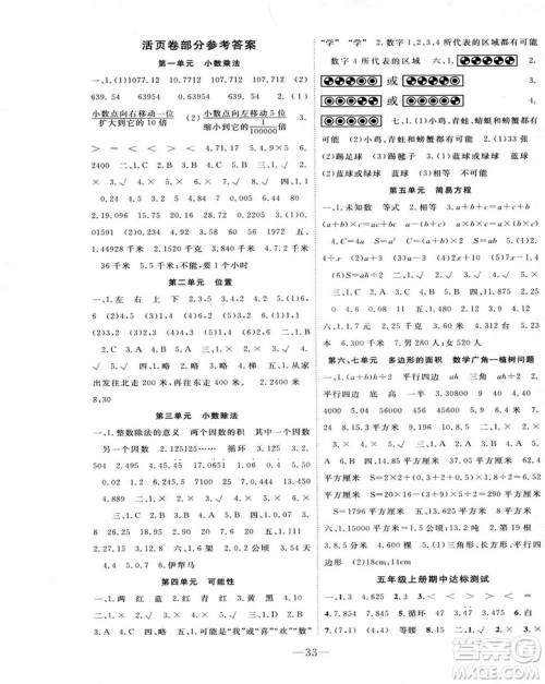 2018版学生课程精巧训练原创新课堂学练测人教版数学五年级上册答案