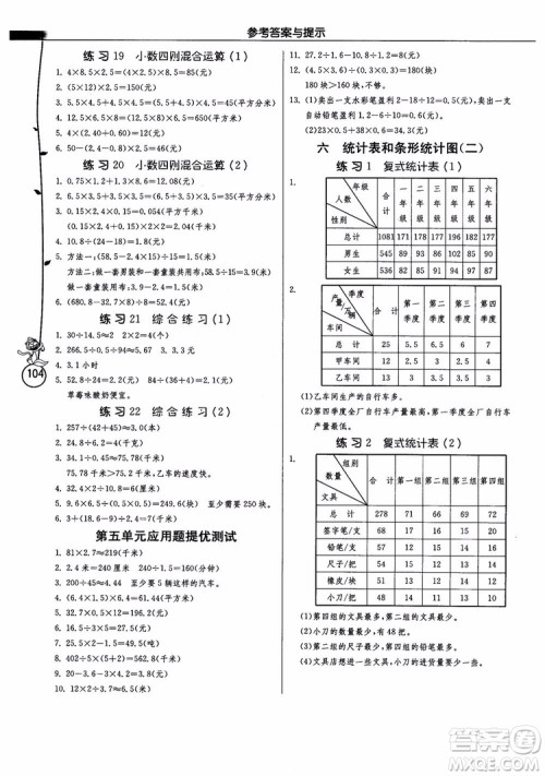 2018秋春雨教育小学数学应用题解题高手五年级上册苏教江苏版参考答案