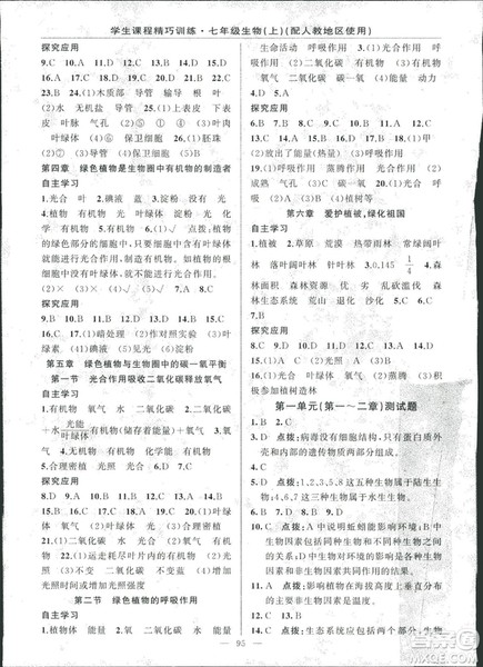 2018版学生课程精巧训练原创新课堂学练测生物七年级上册人教版答案 2018版学生课程精巧训练原创新课堂学练测生物七年级上册人教版答案