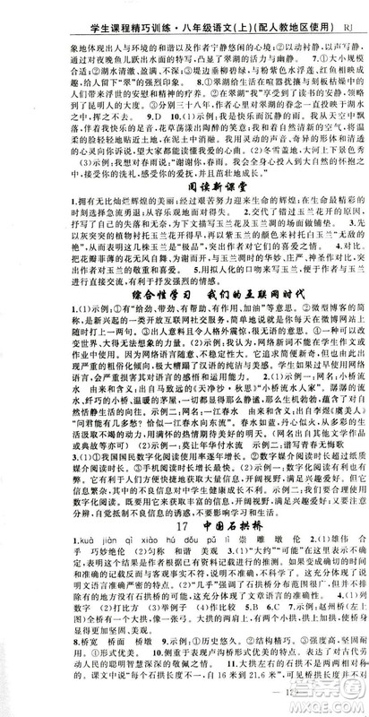 2018版学生课程精巧训练语文八年级上册人教RJ版答案