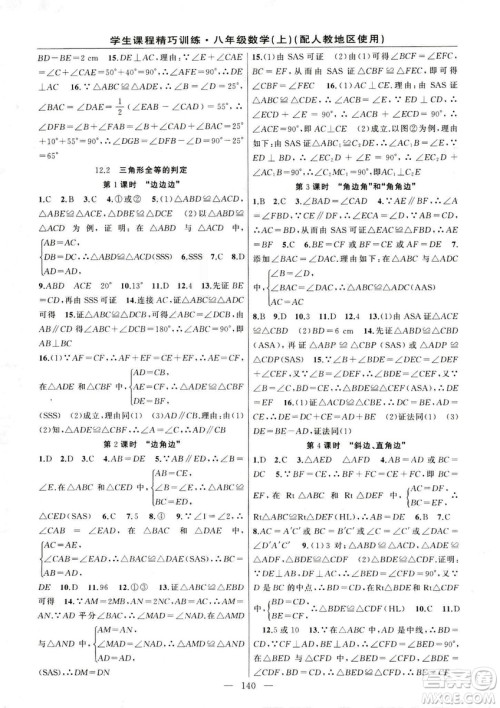 2018版学生课程精巧训练数学八年级上册人教RJ版答案