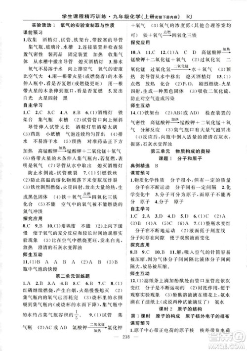 2018版学生课程精巧训练化学八年级上册人教RJ版答案