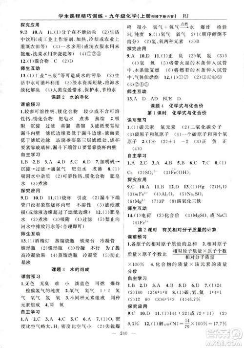 2018版学生课程精巧训练化学八年级上册人教RJ版答案