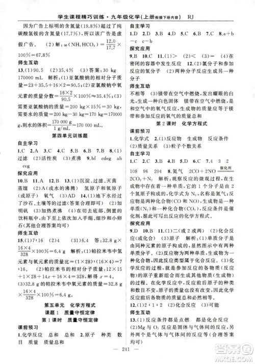 2018版学生课程精巧训练化学八年级上册人教RJ版答案