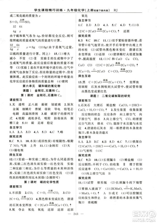 2018版学生课程精巧训练化学八年级上册人教RJ版答案