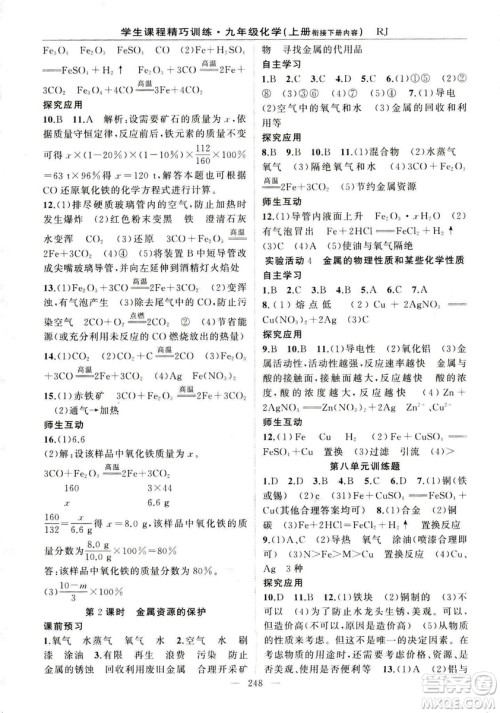 2018版学生课程精巧训练化学八年级上册人教RJ版答案