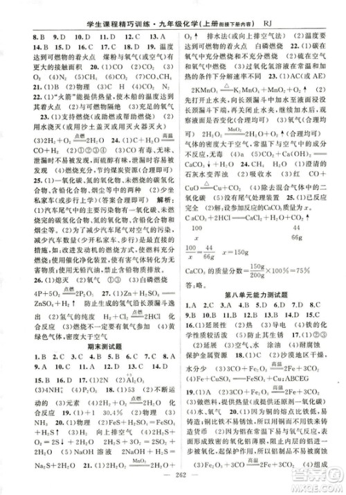2018版学生课程精巧训练化学八年级上册人教RJ版答案