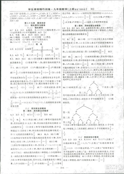 2018版学生课程精巧训练数学九年级上册人教RJ版答案