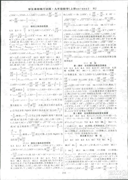 2018版学生课程精巧训练数学九年级上册人教RJ版答案