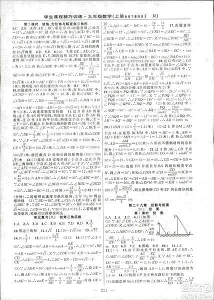 2018版学生课程精巧训练数学九年级上册人教RJ版答案