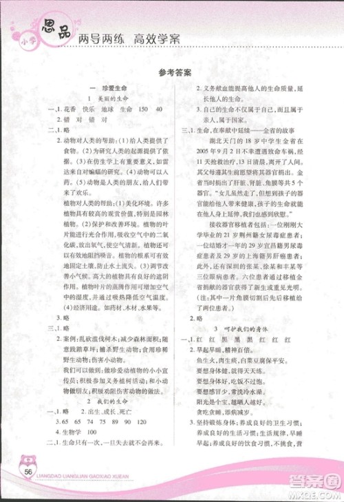 2018版新课程两导两练高效学案品德与社会四年级上册答案