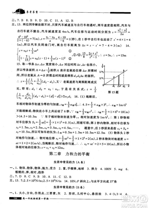 2018版金牌一课一练物理试用本高一年级第一学期参考答案