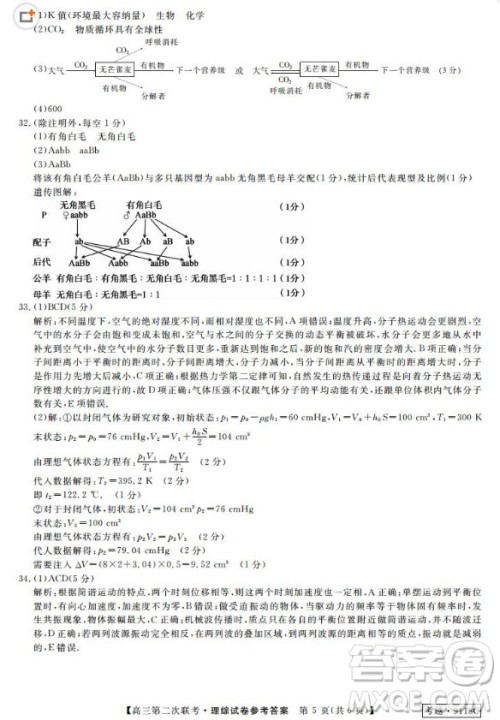 皖南八校联考2018届高三第二次联考理综答案