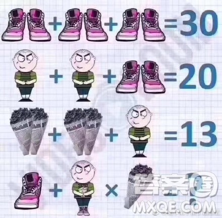 三双鞋子=30,两个人一双鞋子=20,两对甜筒一个人=13,一个鞋子+一个穿鞋子的人X一个甜筒=? 三双鞋子=30,两个人一双鞋子=20,两对甜筒一个人=13,一个鞋子+一个穿鞋子的人X一个甜筒=?