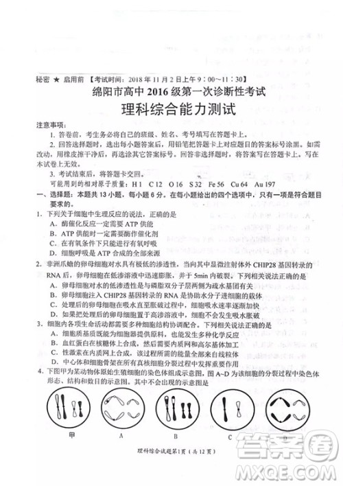 绵阳市高中2016级第一次诊断性考试理科综合能力测试试卷及参考答案