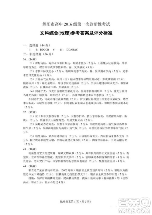 2018—2019年度绵阳市高中2016级第一次诊断性考试文科综合能力测试试卷及参考答案 2018—2019年度绵阳市高中2016级第一次诊断性考试文科综合能力测试试卷及参考答案