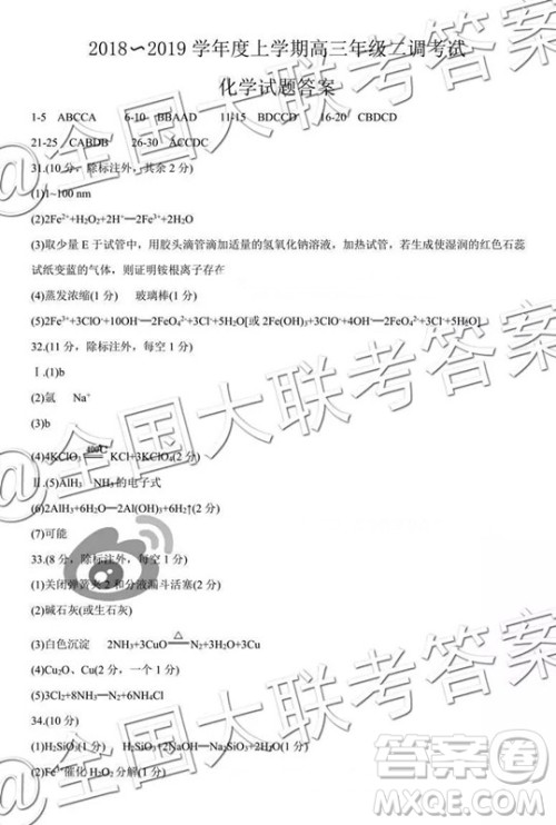 衡水2019届上学期高三年级二调理科综合参考答案