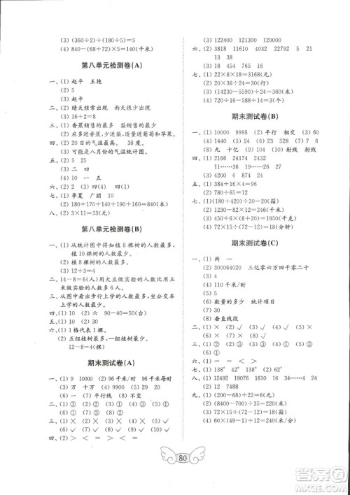 2018年金钥匙小学数学试卷青岛版四年级上册参考答案