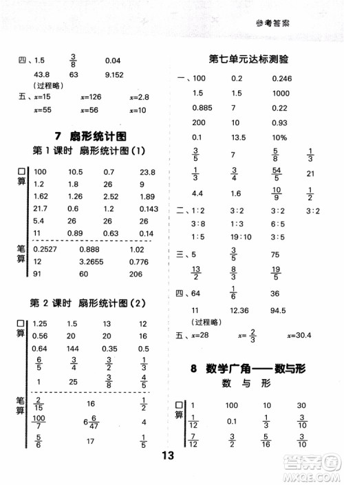 小儿郎人教版2018秋新品小学口算大通关六年级数学上册参考答案