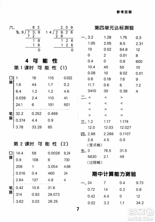 2018年秋小学口算大通关数学五年级上册RJ人教参考答案