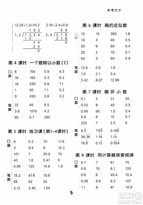 2018年秋小学口算大通关数学五年级上册RJ人教参考答案