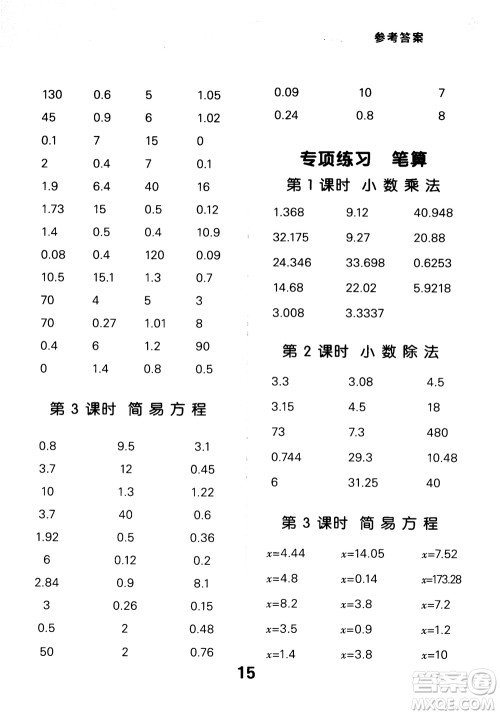 2018年秋小学口算大通关数学五年级上册RJ人教参考答案 2018年秋小学口算大通关数学五年级上册RJ人教参考答案