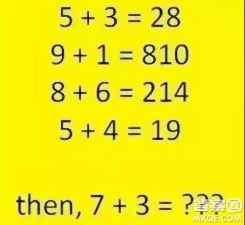 5+3=28,9+1=810，8+6=214,5+4=19，7+3=？