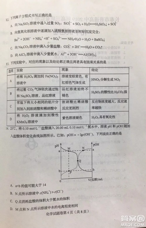 长春2019届高三“一模”化学试卷及答案