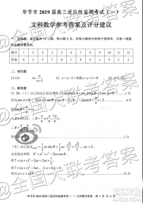 毕节市2019届高三适应性监测考试一文科数学参考答案