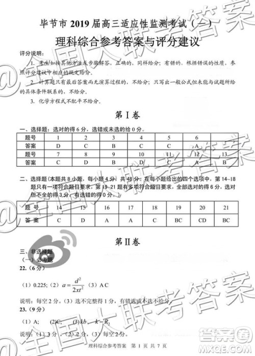 毕节市2019届高三适应性监测考试一理科综合参考答案