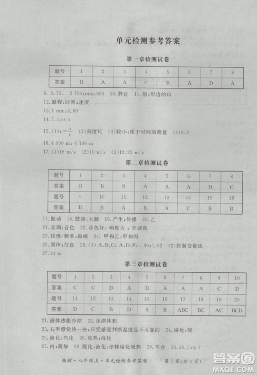 2018年新课标形成性练习与检测八年级物理上册参考答案