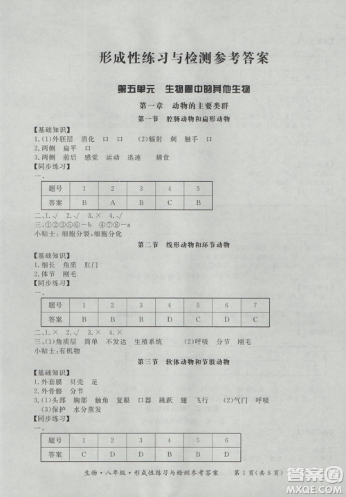 东方出版社形成性练习与检测2018生物八年级上册答案