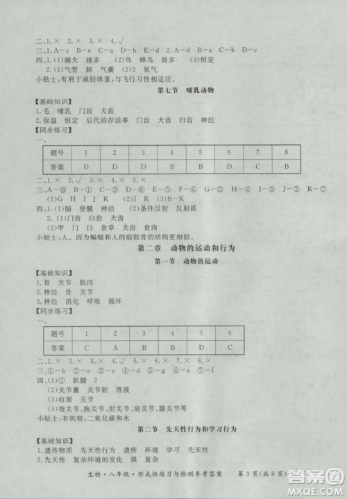 东方出版社形成性练习与检测2018生物八年级上册答案