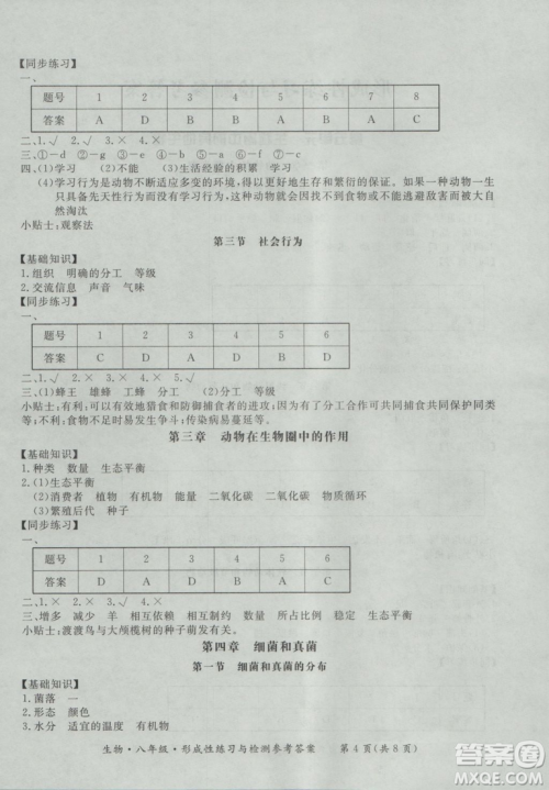 东方出版社形成性练习与检测2018生物八年级上册答案