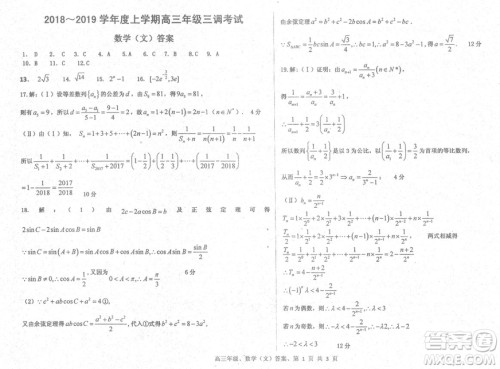 2019届河北省衡水中学高三上学期三调考试文科数学试题及答案 2019届河北省衡水中学高三上学期三调考试文科数学试题及答案