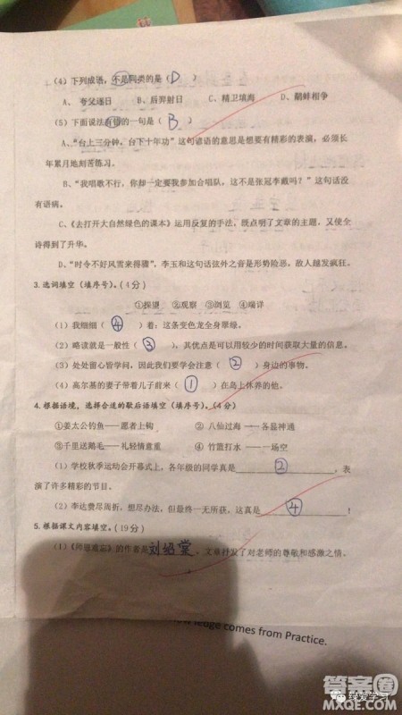 盐城二小集团2018五年级上学期语文期中考试试卷答案