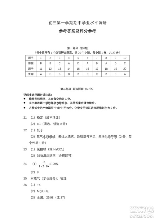 2018年北京市海淀区初三期中考试化学试卷答案